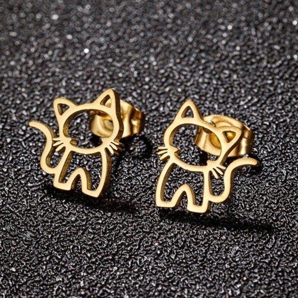 Cute Cat Kitty Kitten Outline Gold Stud Earrings Jewelry Gift for Her Stainless - Picture 1 of 7